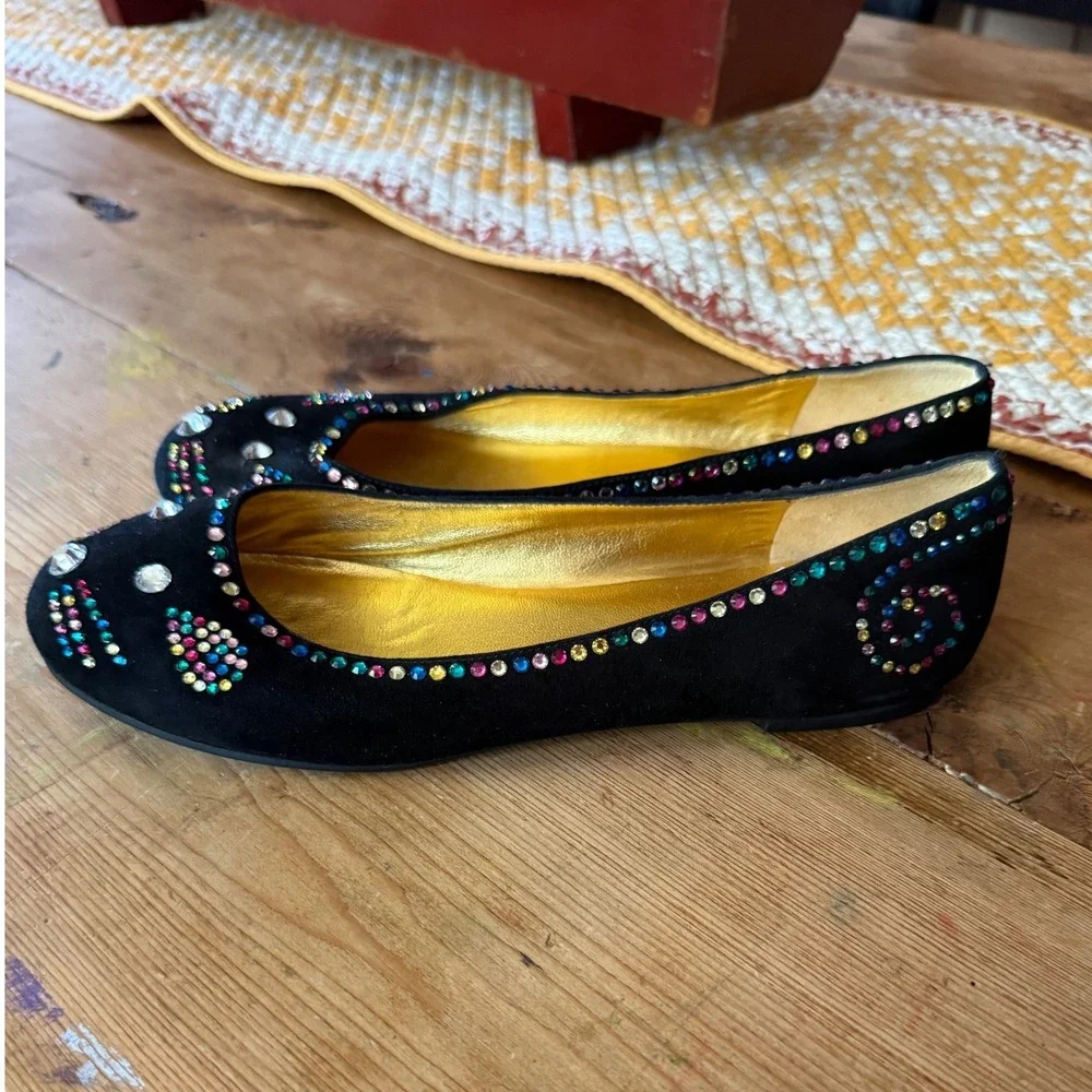 Marc‎ by Marc Jacobs Black Suede Rhinestone Cat Face Ballet Flats Size 37.5